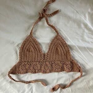 Handmade Crochet Halter Top S/M Boho Festival Tie Back Bralette Tan